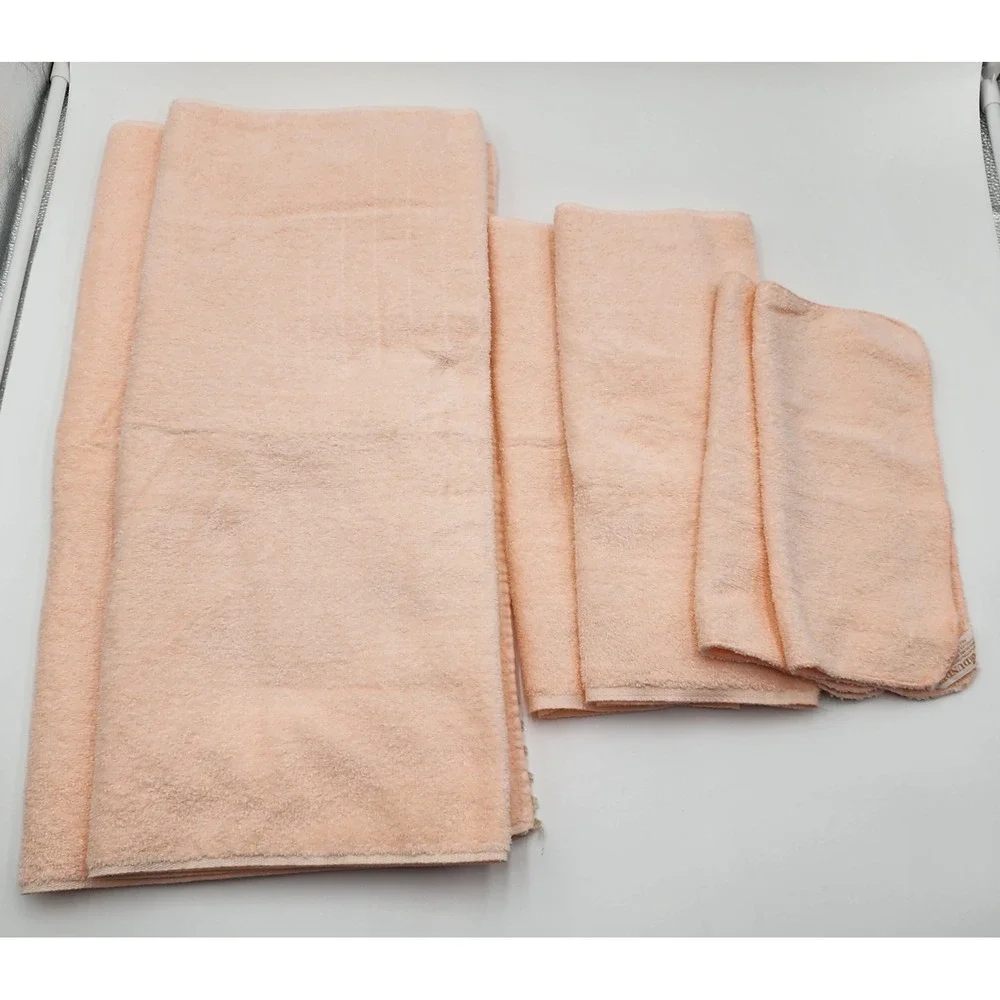 Vintage Dundee Towel Set 6 pc Peach Lace Trim Cotton Blend Bath Hand Washcloth